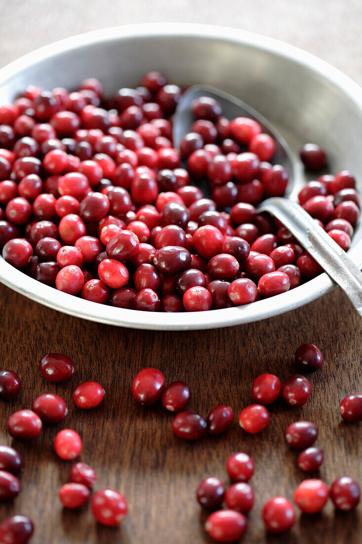Cranberries and spoon in bowl, Santa Fe, New Mexico, USA