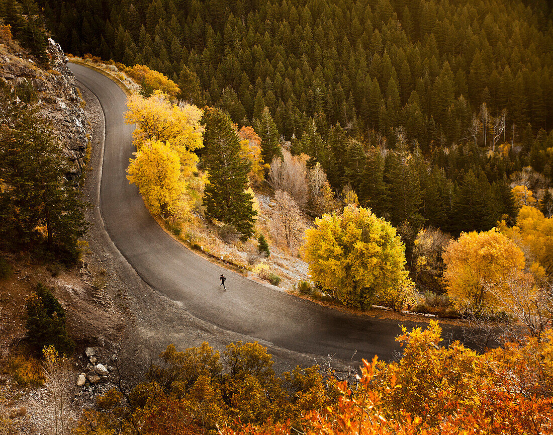 Caucasian woman running along autumn road, Alpine, Utah, USA