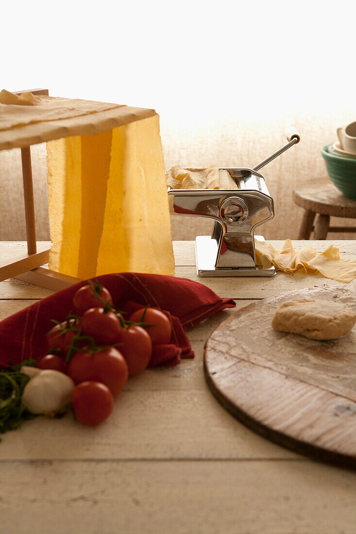 Homemade pasta drying on rack, Los Angeles, California, United States