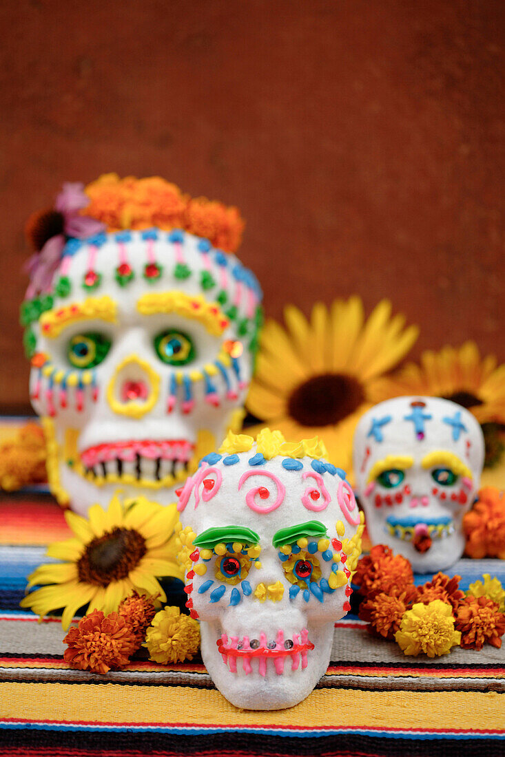 Decorated skulls for Day of the Dead celebration, Santa Fe, New Mexico, USA