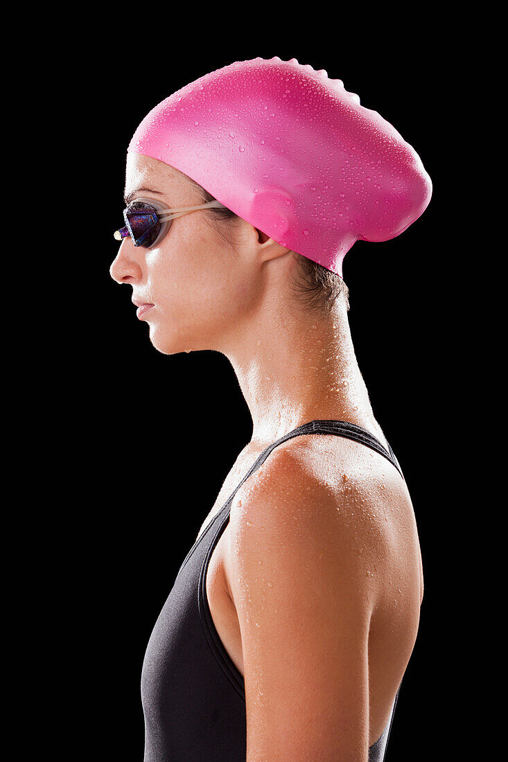 Caucasian swimmer in swim cap and goggles, Lehi, Utah, USA