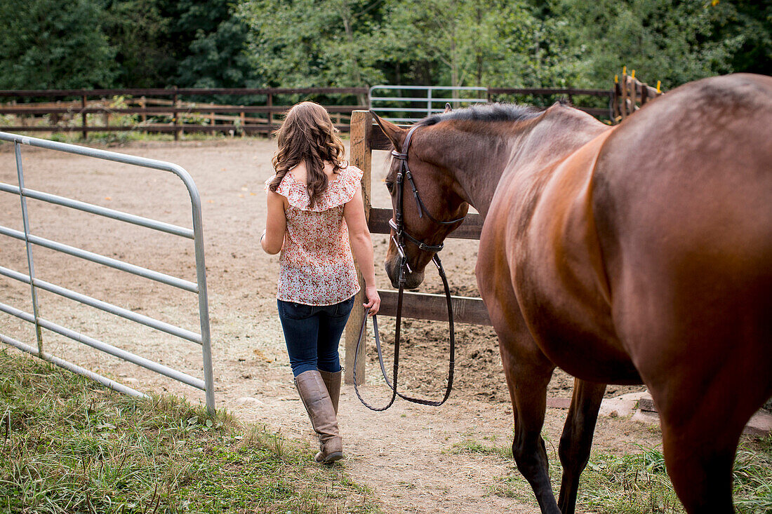 Caucasian woman walking horse in pen, Seattle, WA, USA