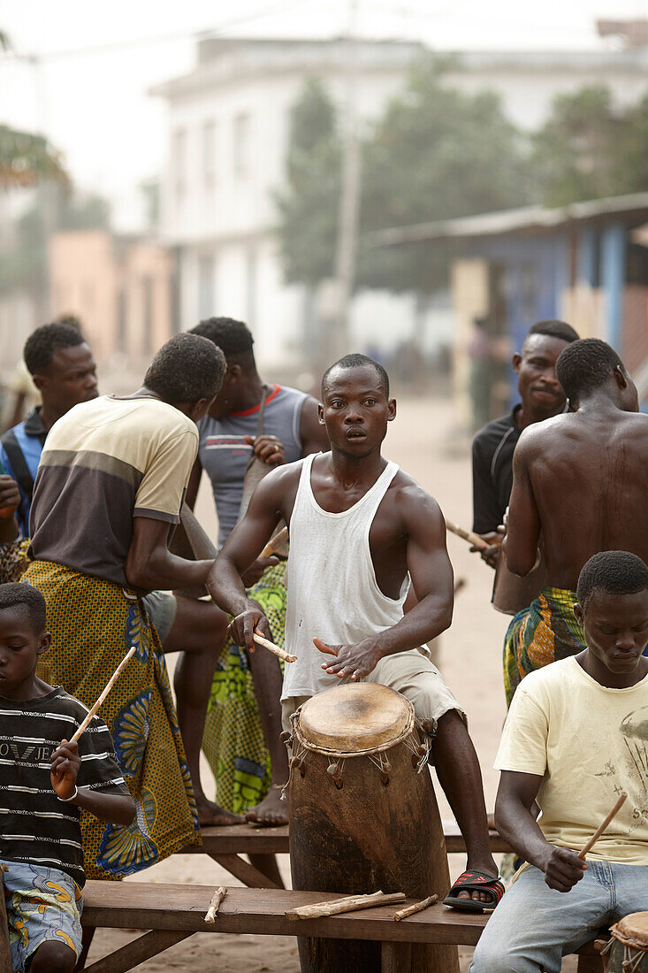 Men and boys playing percussions, Voudoun ceremony, Agbanakin, Togo