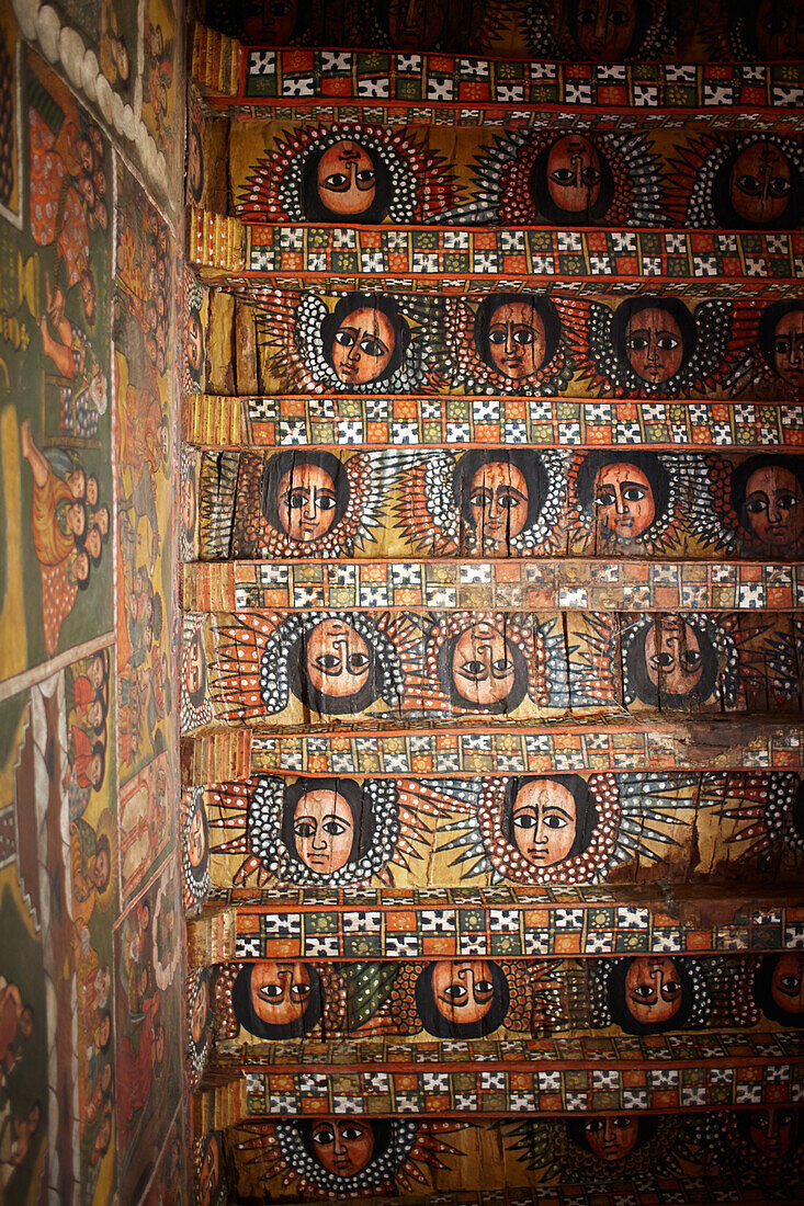 Ceiling fresco of winged angel heads in a monastery, Debre Berhan Selassie, Gondar, Amhara region, Ethiopia