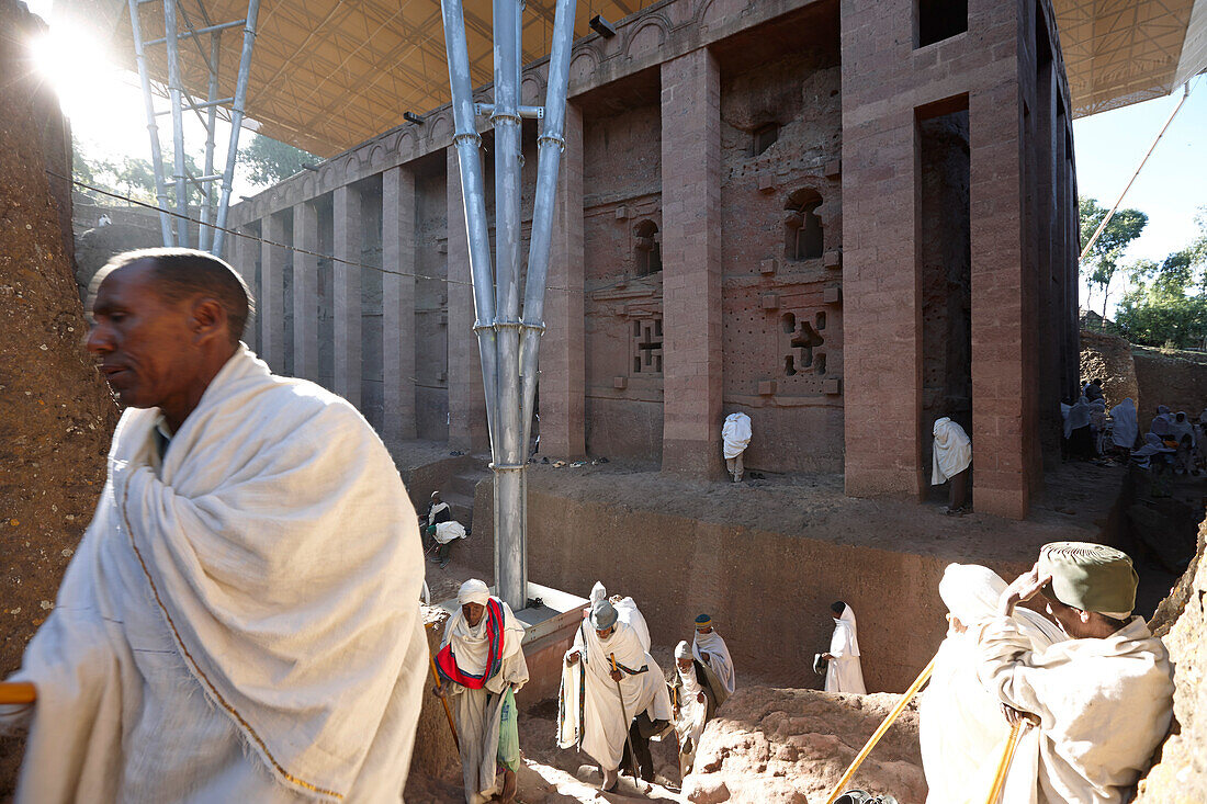 Believers at Sunday Mass, monolithic church Bete Medhane Alem, Church of St. George, Lalibela, Amhara region, Ethiopia