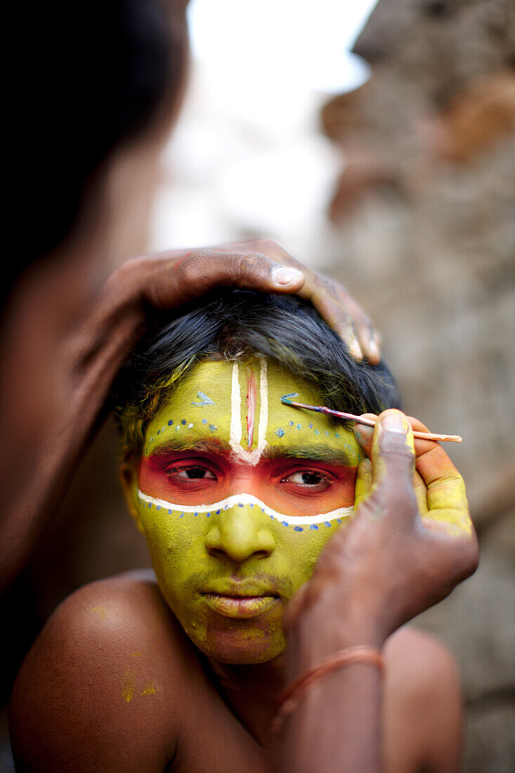 Person playing monkey god Hanuman, Malyavanta Raghunathaswamy temple, Hampi, Karnataka, India