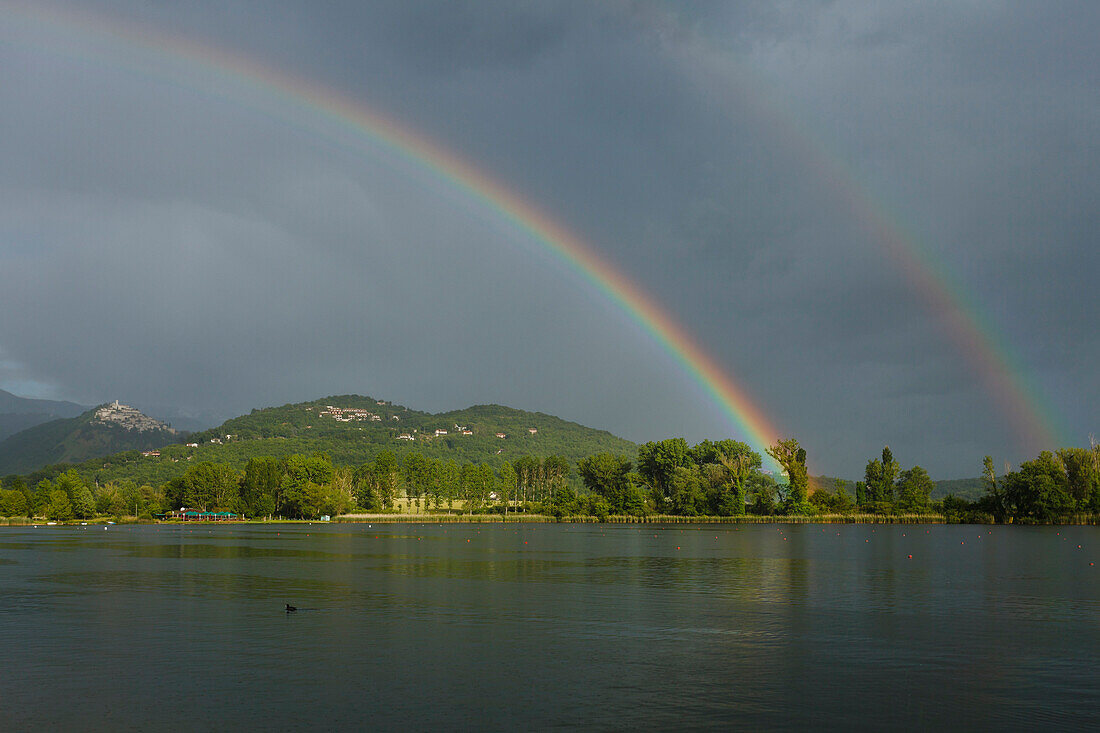 Rainbow over Lago di Piediluco, lake, St. Francis of Assisi, Via Francigena di San Francesco, St. Francis Way, province of Terni, Umbria, Italy, Europe