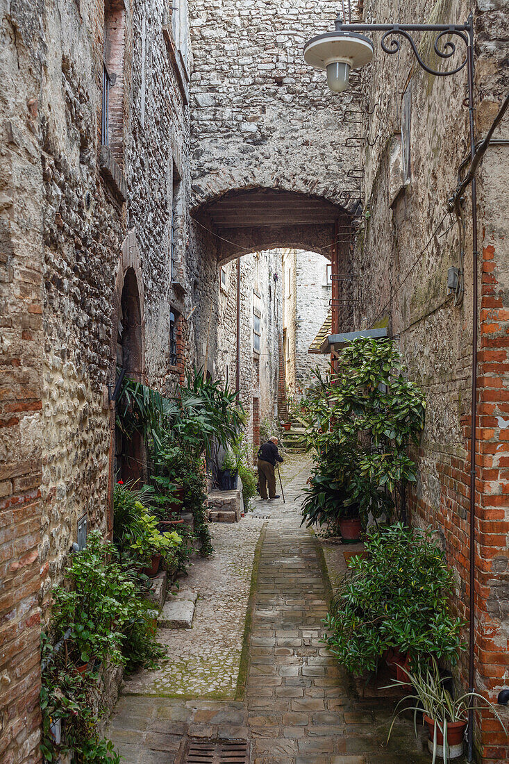 Alley and old man in Arrone, St. Francis of Assisi, Via Francigena di San Francesco, St. Francis Way, province of Terni, Umbria, Italy, Europe