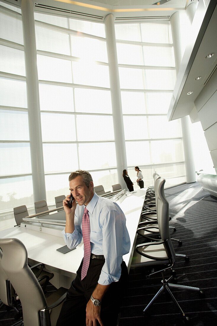 Businessman talking on cell phone in conference room, Virginia Beach