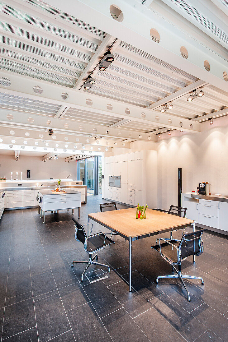 Open plan kitchen inside a Bauhaus villa, Sauerland, Germany