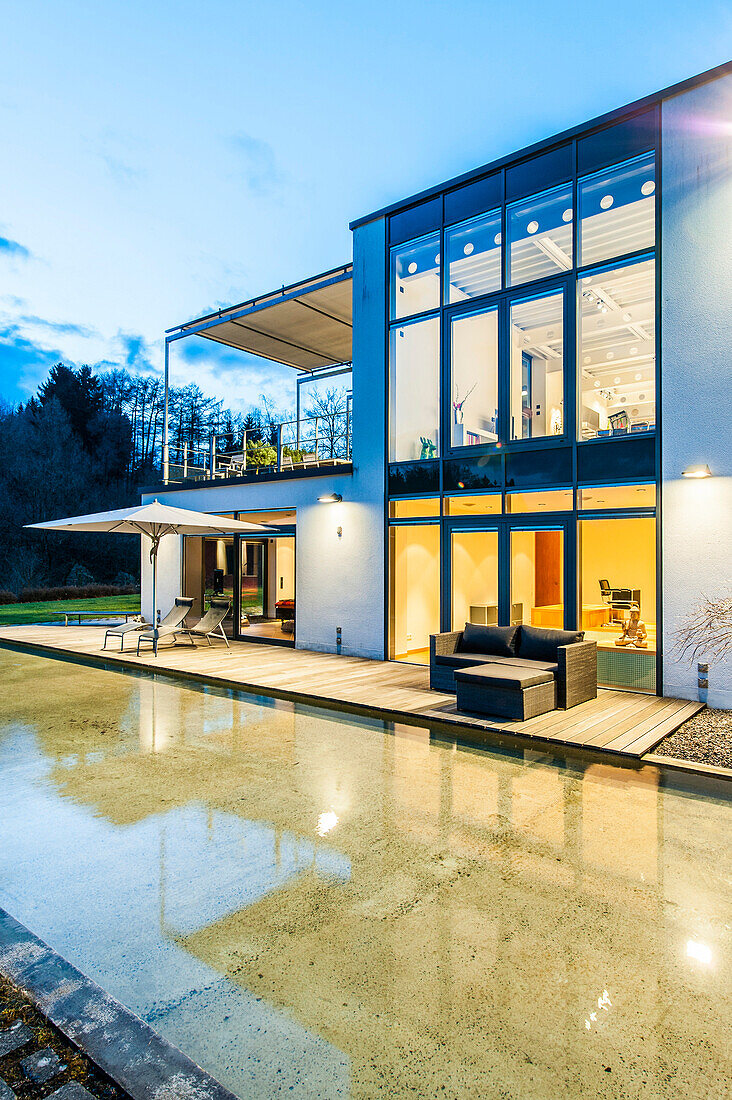 Bauhaus villa at dusk, Sauerland, Germany