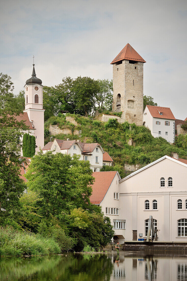 Hydroelectric plant at Danube river, church and castle in background, Rechtenstein, Baden-Wuerttemberg, Germany