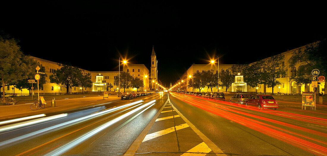 Evening view of Ludwigstrasse with Ludwigskirche, Theatiner church and Feldherrnhalle, Munich, Upper Bavaria, Bavaria, Germany