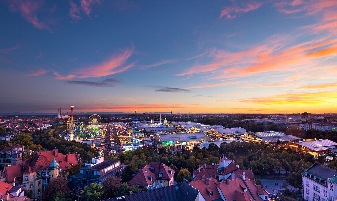 View from Paulskirche over Oktoberfest with Alps in the background, Munich, Upper Bavaria, Bavaria, Germany