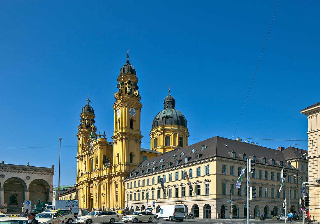 View from Ludwigstrasse to Feldherrn halle with Theatiner Church, Munich, Upper Bavaria, Bavaria, Germany