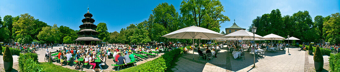 Beer garden at Chinese Tower, English Garden, Englischer Garten, Munich, Upper Bavaria, Bavaria, Germany