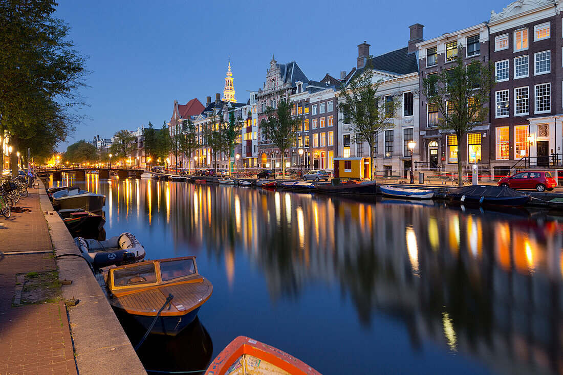 Houses along the Kloveniersburgwal in the evening, Amsterdam, Netherlands