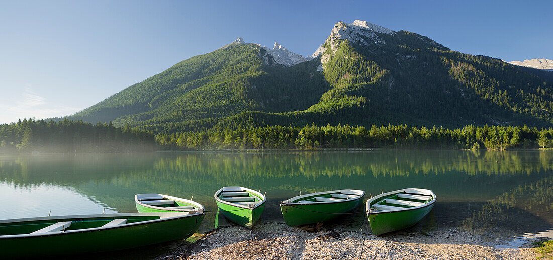 Boats at lake Hintersee, Berchtesgadener Land, Bavaria, Germany