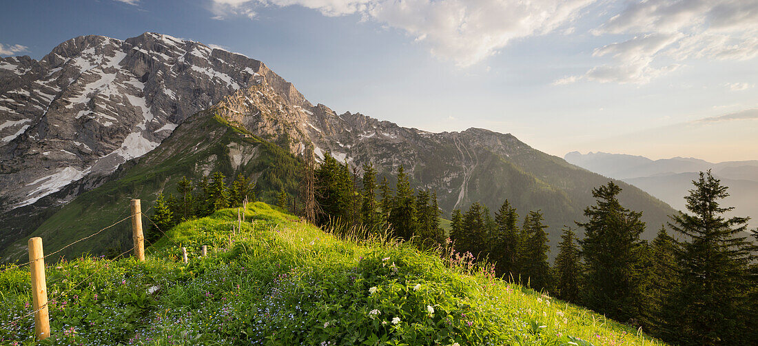 Hoher Goell seen from Ahornbuechsenkogel, Border fence between Salzburg and Bavaria, Berchtesgadener Land, Bavaria, Germany