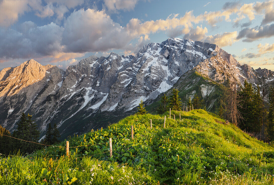 Hoher Goell see from Ahornbuechsenkogel, Border fence between Salzburg and Bavaria, Berchtesgadener Land, Bavaria, Germany, Austria