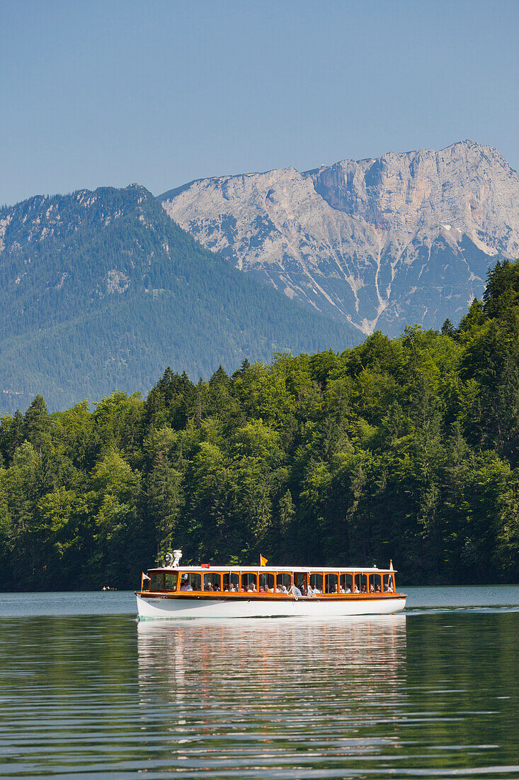 Ship on Lake Koenigssee, Hochthron, Berchtesgaden National Park, Berchtesgadener Land, Bavaria, Germany