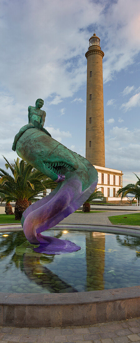 Lighthouse in Maspalomas with fountain, Gran Canaria, Canary Islands, Spain