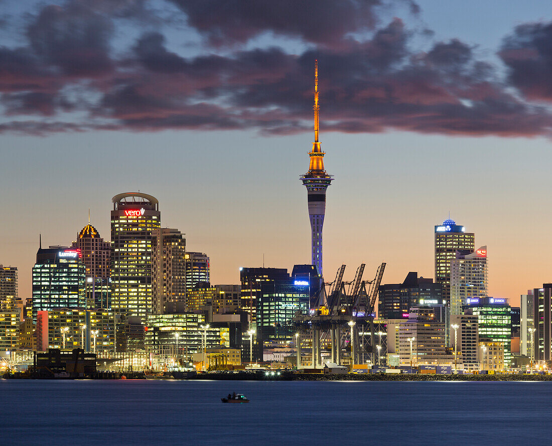 Auckland Skyline in the evening, Stanley Bay, North Island, New Zealand