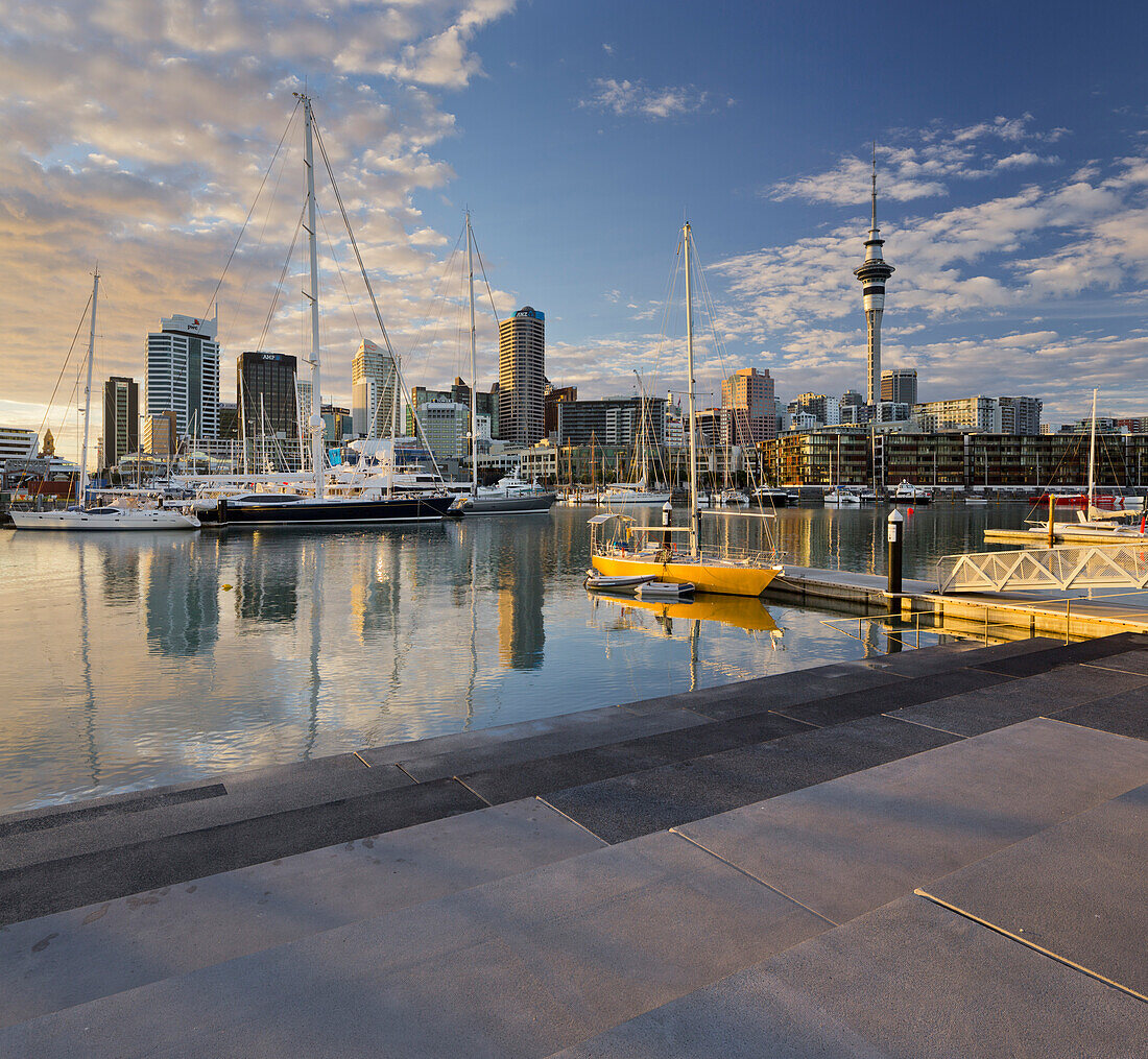 Auckland Skyline with Jachts, Wynyard Crossing, Viaduct Basin, Harbour, North Island, New Zealand