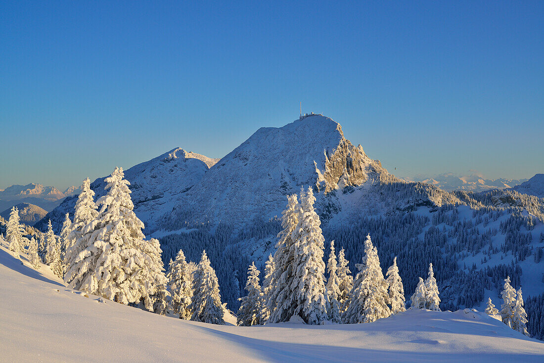 Winter mountain scenery with mount Wendelstein, Breitenstein, Mangfall Mountains, Bavarian Prealps, Upper Bavaria, Bavaria, Germany