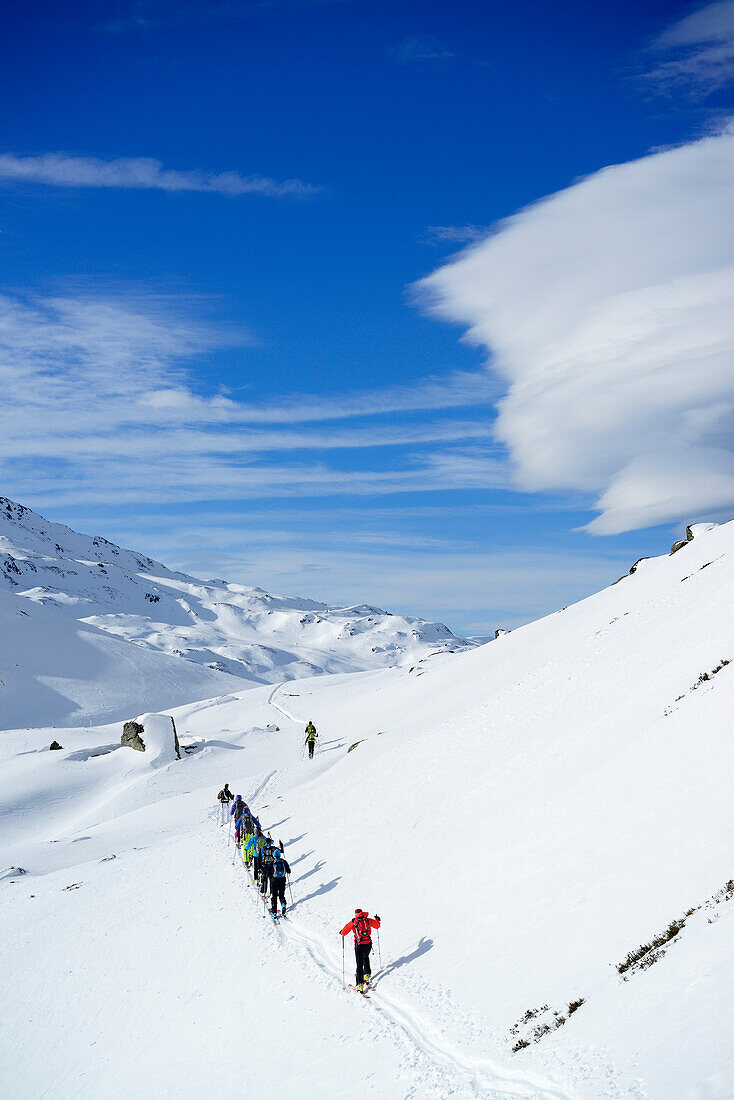 Back-country skiers ascending to Regenfeldjoch, Langer Grund, Kitzbuehel Alps, Tyrol, Austria