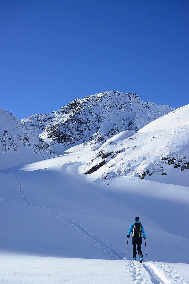 Female backcountry skier ascending to Kuhscheibe, Stubai Alps, Tyrol, Austria