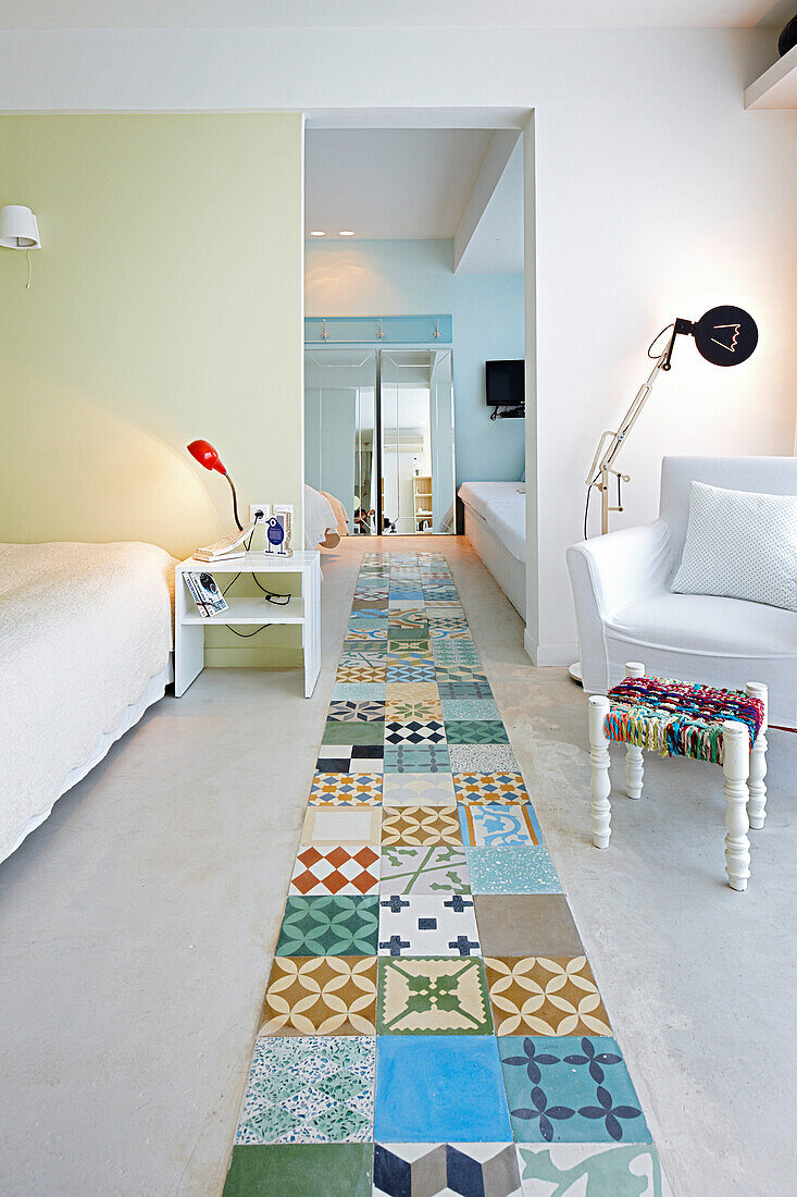 Tiles on the floor of a luxury hotel suite, Vourvourou, Sithonia, Chalkidiki, Greece