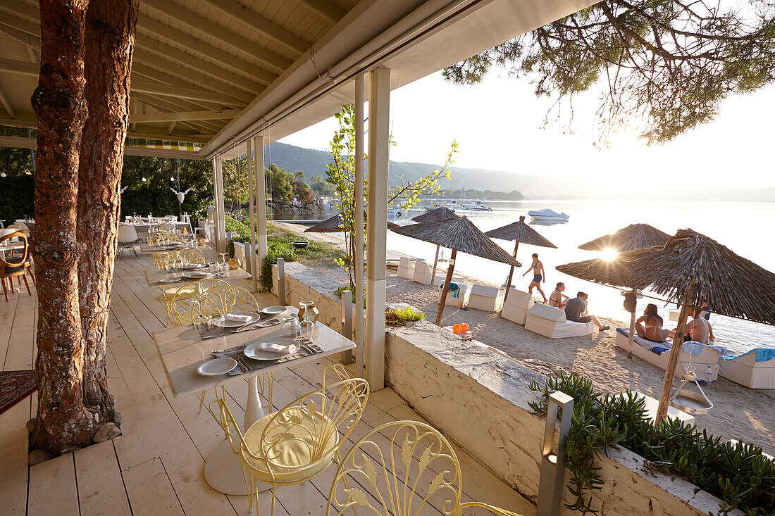 Terrace of hotel restaurant, Vourvourou, Sithonia, Chalkidiki, Greece