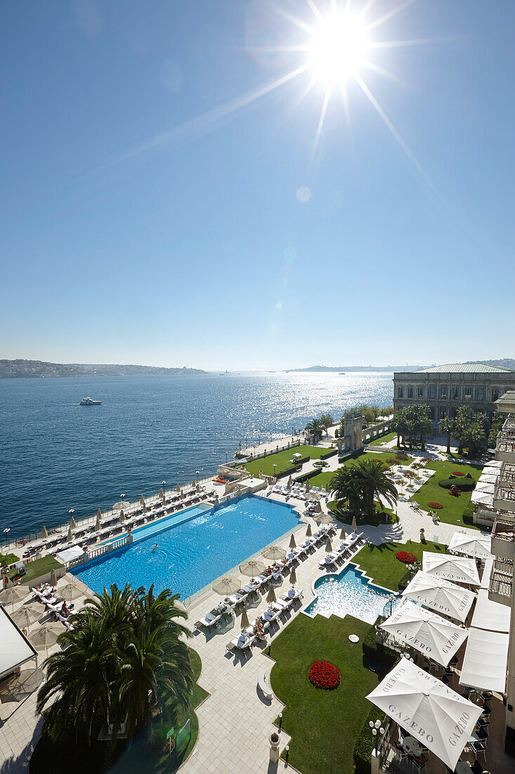 View over a hotel complex with pool at the Bosphorus, Ciragan Palace, Istanbul, Turkey