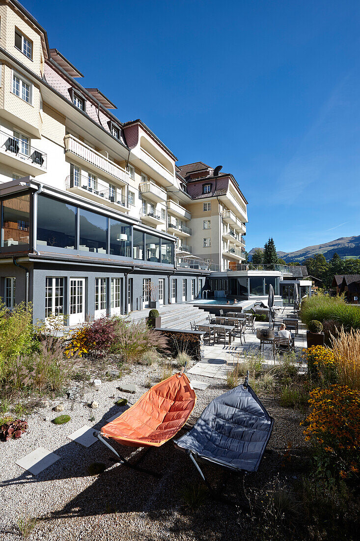 Exterior shot of a hotel with garden, Adelboden, Canton of Bern, Switzerland