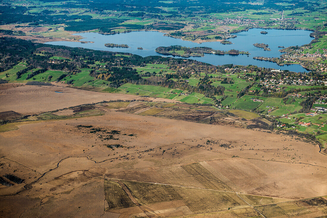 Aerial photo, Murnauer Moos and lake Staffelsee, Upper Bavaria, Bavaria, Germany