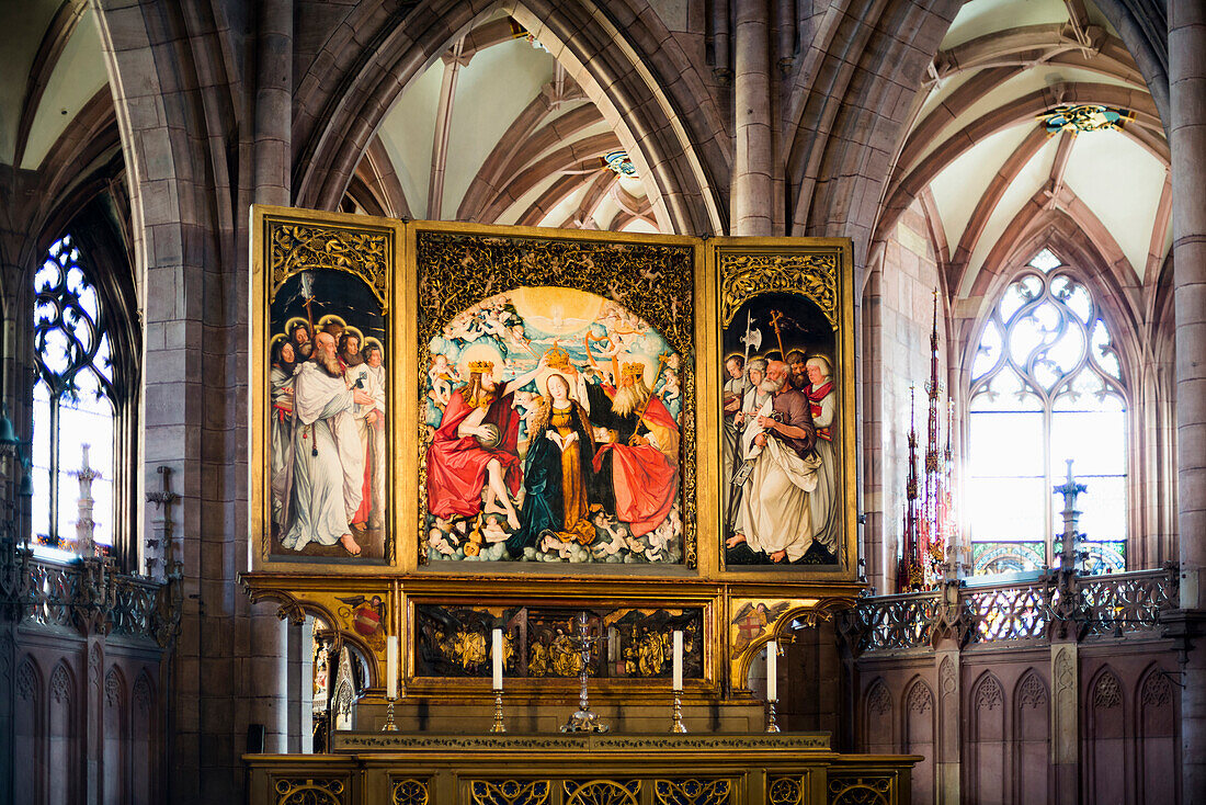 Altar with painting, Freiburg Minster, historic center, Freiburg im Breisgau, Black Forest, Baden-Wuerttemberg, Germany