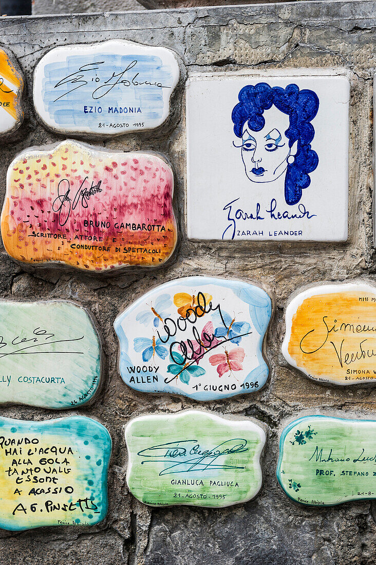 Keramic tiles signed by celebrities who visited the place in the past decades, Muretto di Alassio, Alassio, Province of Savona, Riviera di Ponente, Liguria, Italy