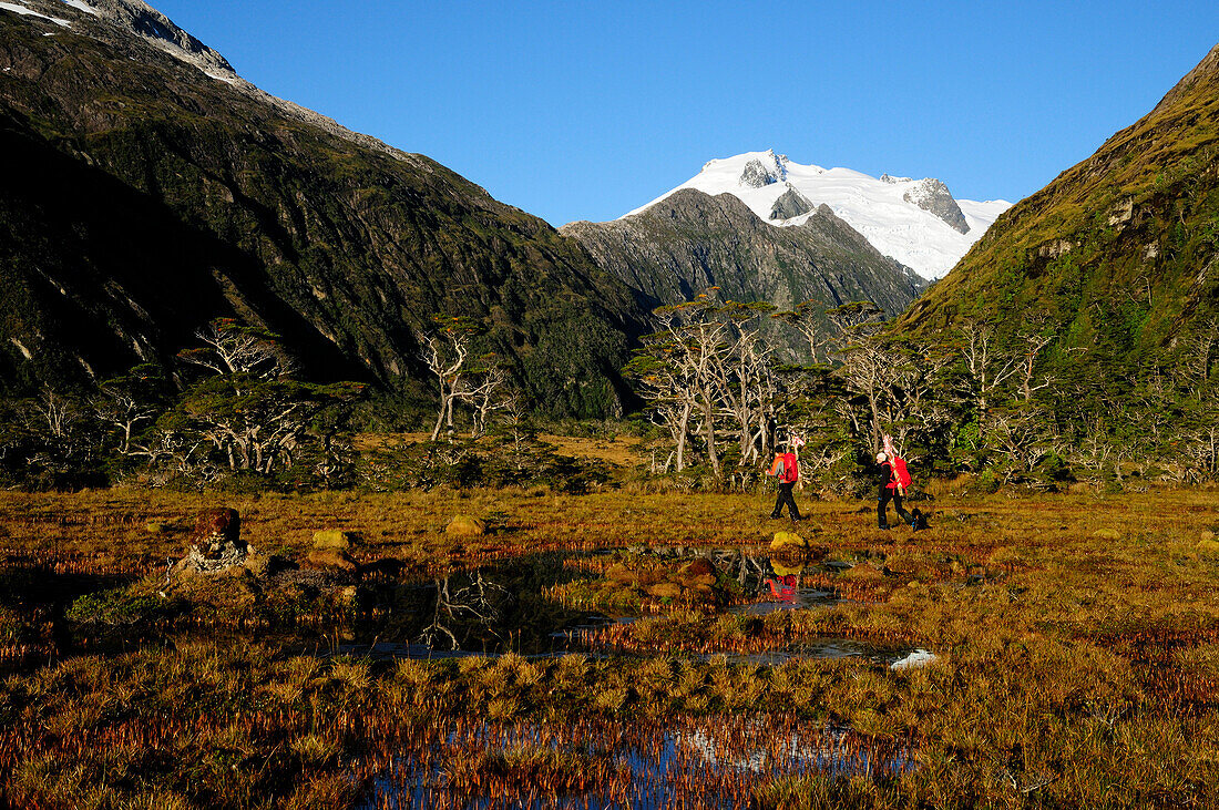 Two mountaineers ascending to a base camp of Monte Sarmiento, Cordillera Darwin, Tierra del Fuego, Chile