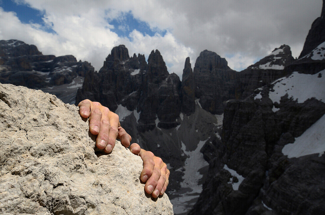 Climber ascending, Val Brentei, Brenta Dolomites, Trentino, Italia