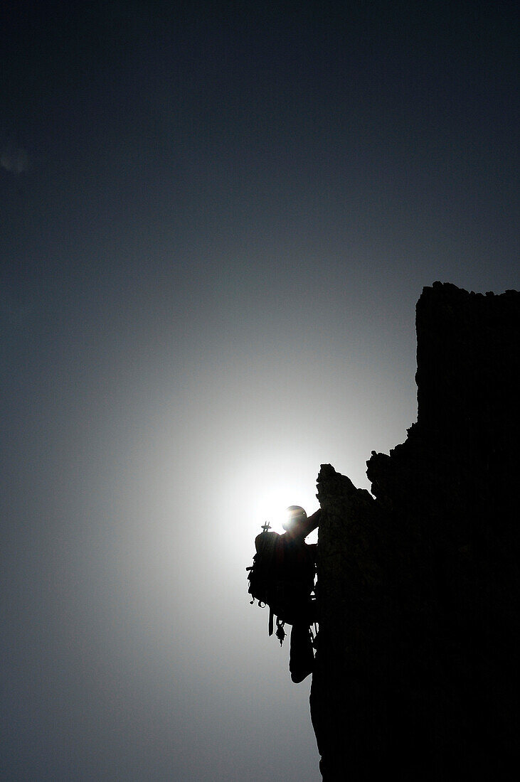 Climber ascending, Fuenffingerspitze, Langkofel Group, Dolomites, Trentino-Suedtirol, Italy