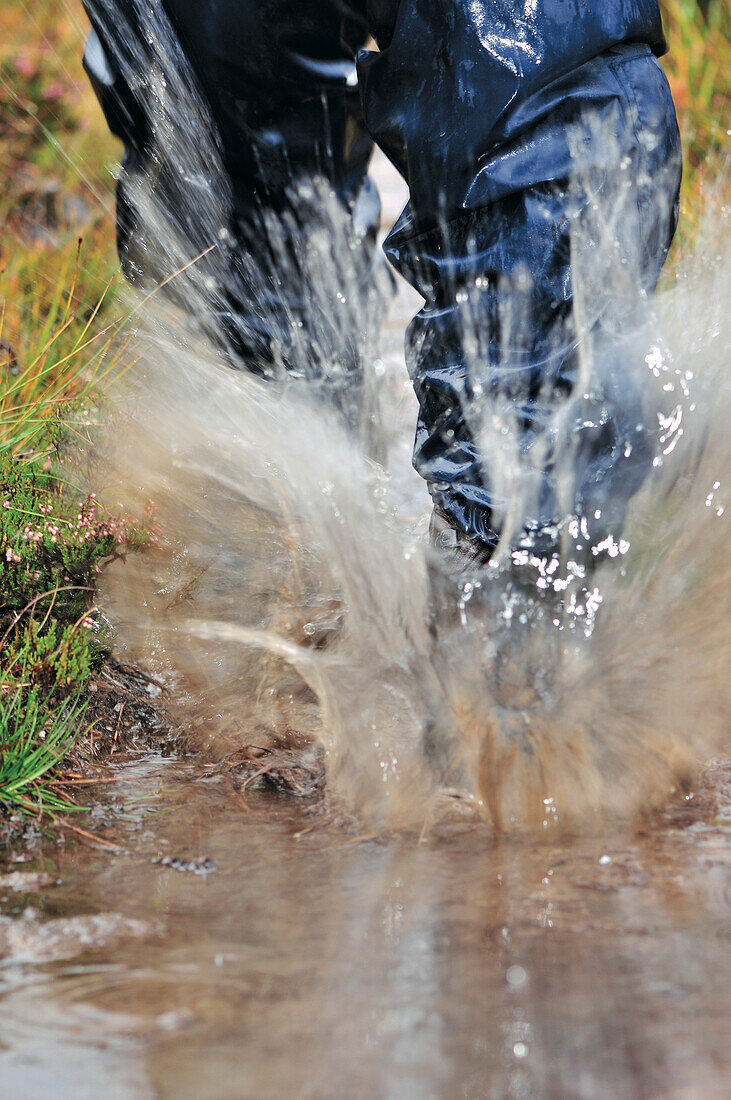 Hiker wearing rainwear walking through water, Letterewe Wilderness, Highlands, Scotland, Great Britain