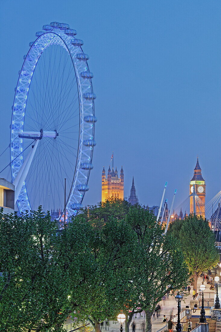 South Bank, London Eye and Westminster Palace aka Houses of Parliament, Westminster, London, England, United Kingdom