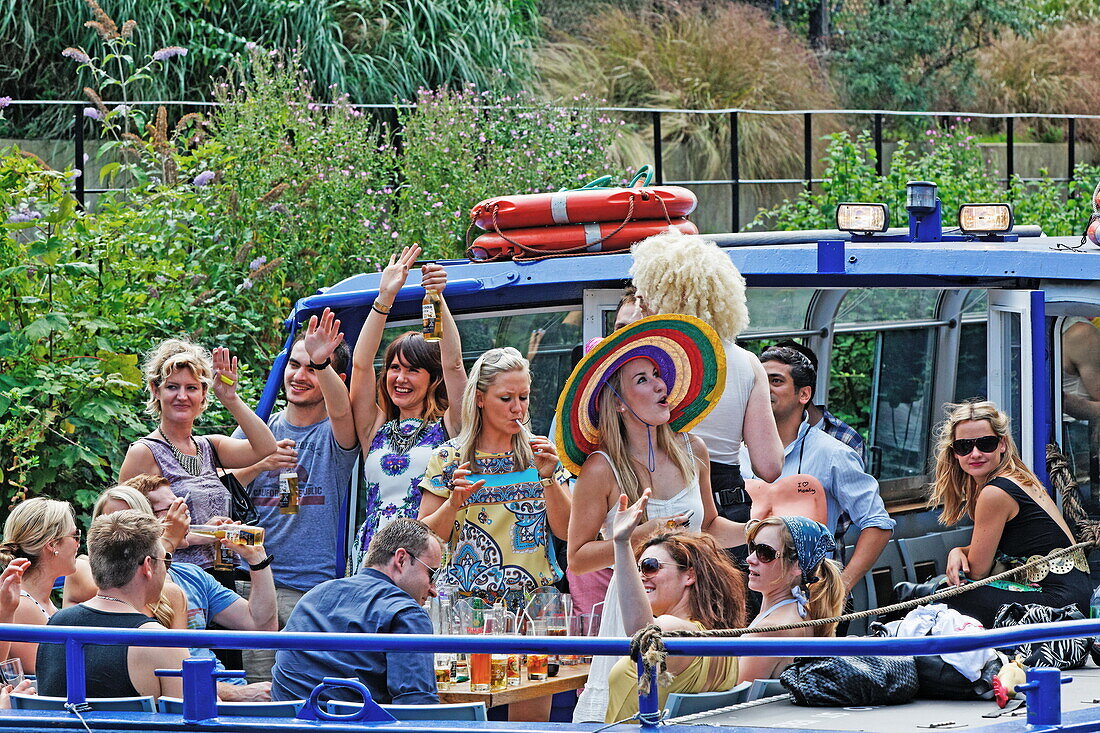Party on a canal boat on Regent's Canal, Camden, London, England, United Kingdom