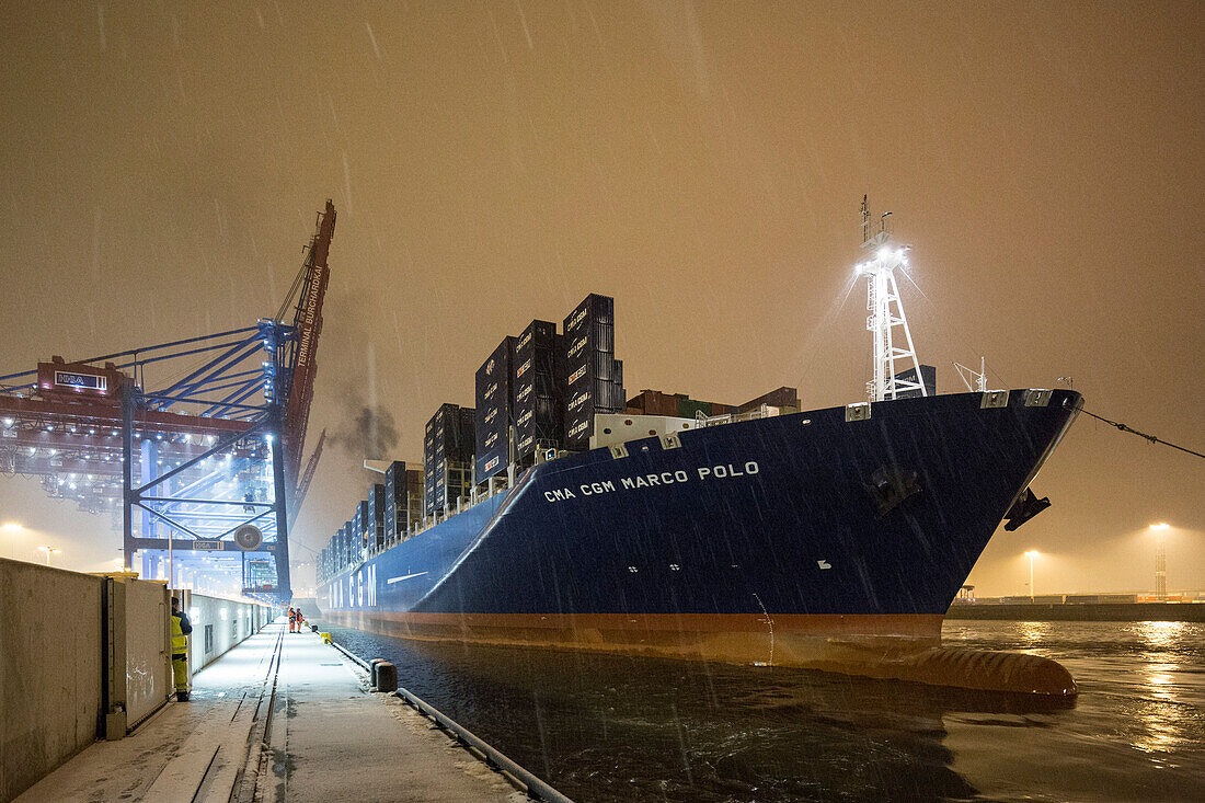 docking maneuver of the CMA CGM Marco Polo in the Container Terminal Burchardkai in Hamburg, Germany