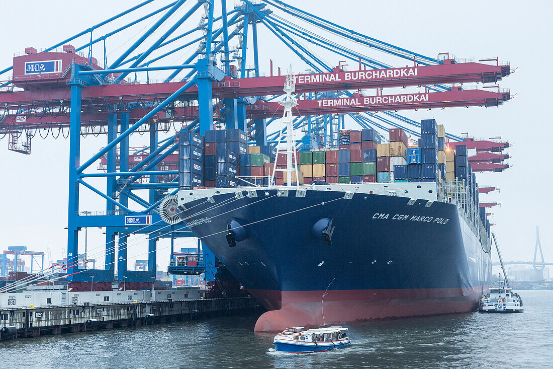 Beladen und Entladen des Containerschiffes CMA CGM Marco Polo im Container Terminal Burchardkai in Hamburg, Deutschland