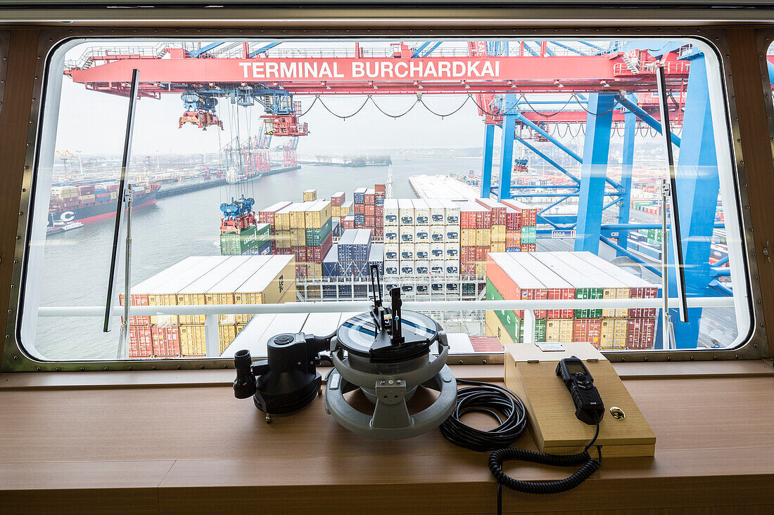View from the ship's bridge of the bug from the CMA CGM Marco Polo in the Container Terminal Burchardkai, Hamburg, Germany