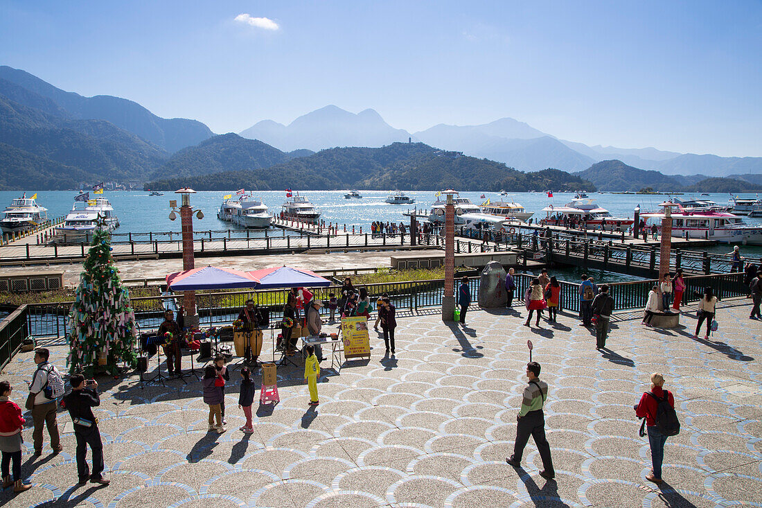 Tourist infrastructure and sightseeing boats at Sun Moon Lake, Yuchi, Nantou County, Taiwan