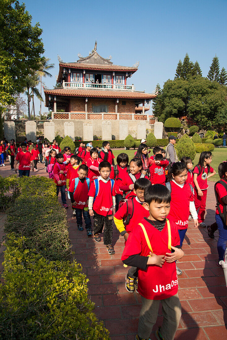 School children outside Haishen Temple at Fort Provintia, Chihkan Tower, Tainan, Southern Taiwan, Taiwan