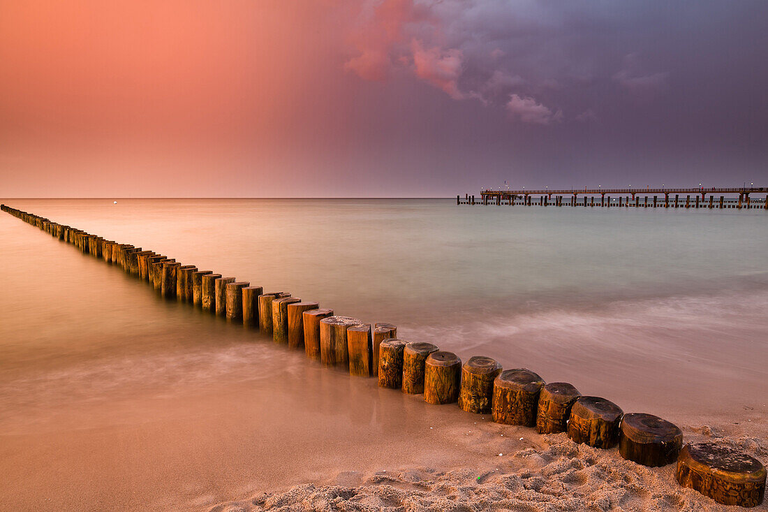 Groynes on the beach in the evening, Zingst, Darss, Baltic Sea, Mecklenburg-Vorpommern, Germany